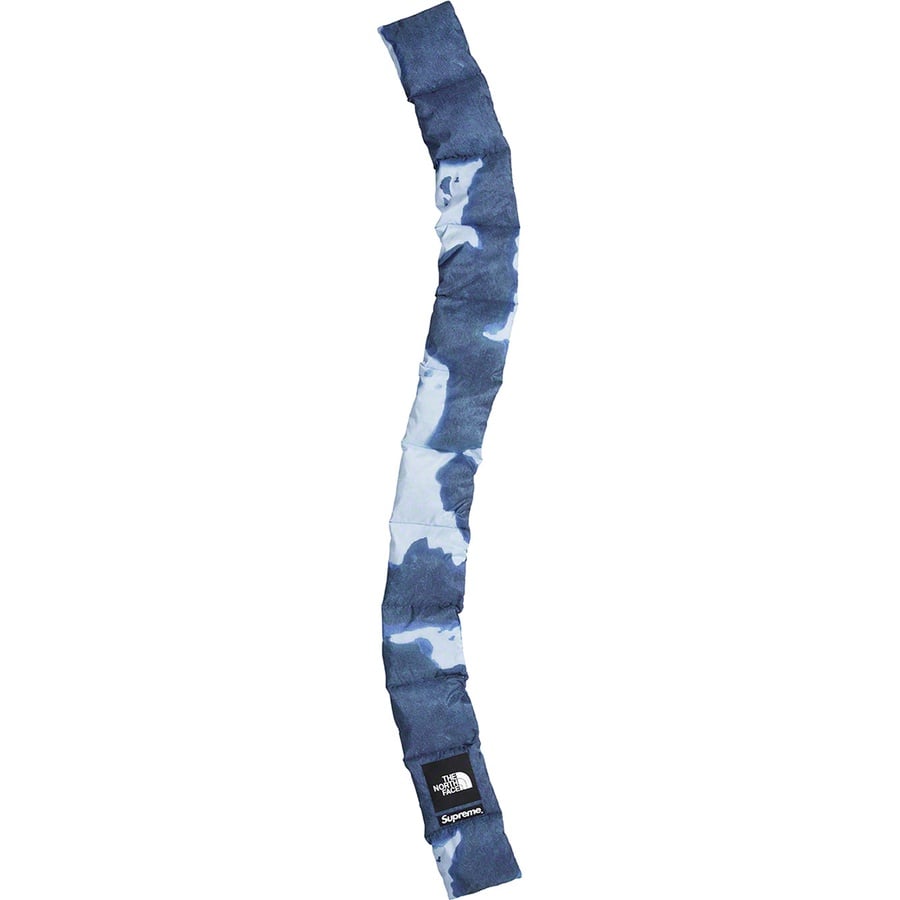 Details on Supreme The North Face Bleached Denim Print 700-Fill Down Scarf Indigo from fall winter
                                                    2021 (Price is $98)