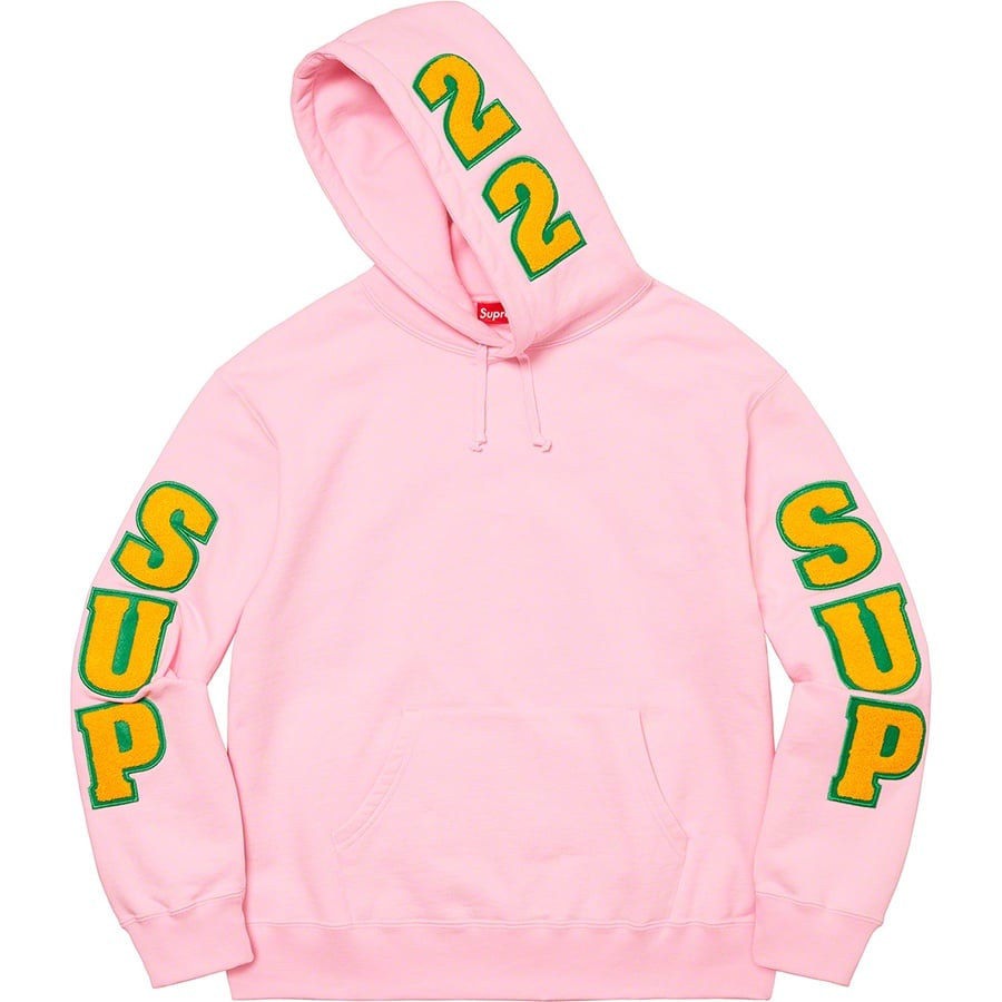 Details on Supreme Team Chenille Hooded Sweatshirt Light Pink from spring summer
                                                    2022 (Price is $178)