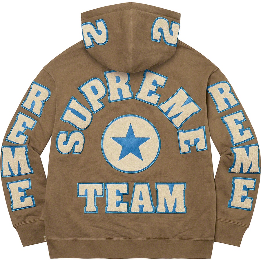 Details on Supreme Team Chenille Hooded Sweatshirt Olive Brown from spring summer
                                                    2022 (Price is $178)