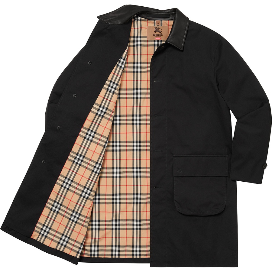 Details on Supreme Burberry Leather Collar Trench Black from spring summer
                                                    2022 (Price is $998)