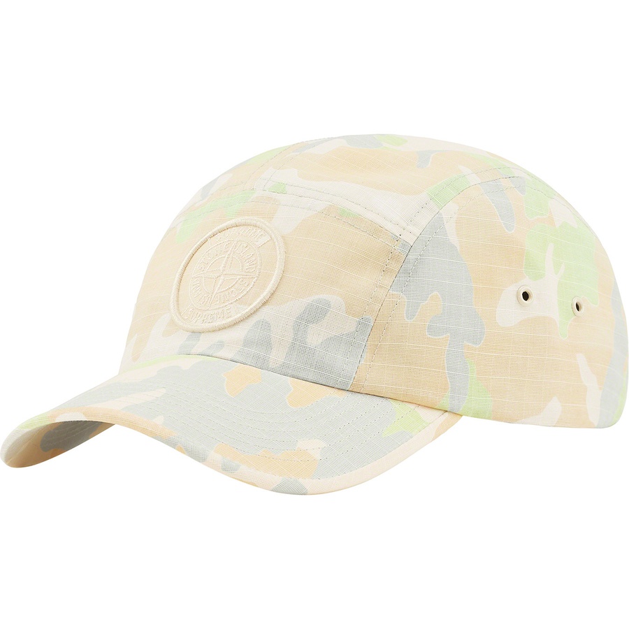 Details on Supreme Stone Island Reactive Ice Camo Ripstop Camp Cap Tan from spring summer
                                                    2022 (Price is $66)