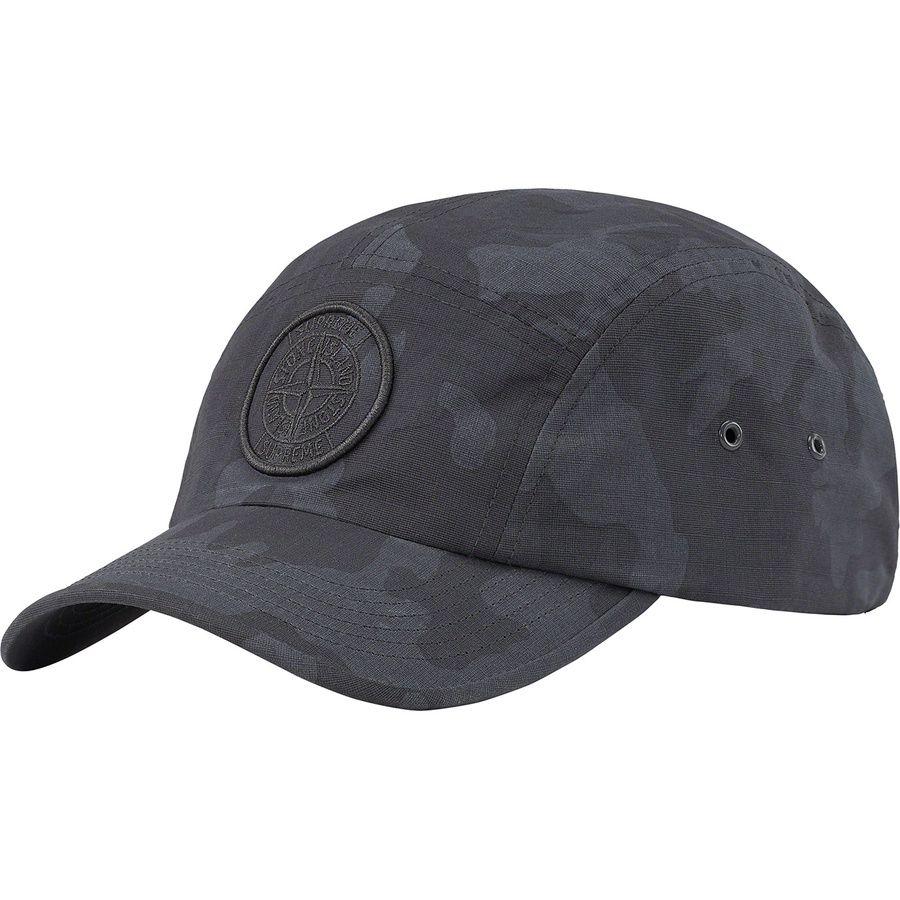 Details on Supreme Stone Island Reactive Ice Camo Ripstop Camp Cap Black from spring summer
                                                    2022 (Price is $66)