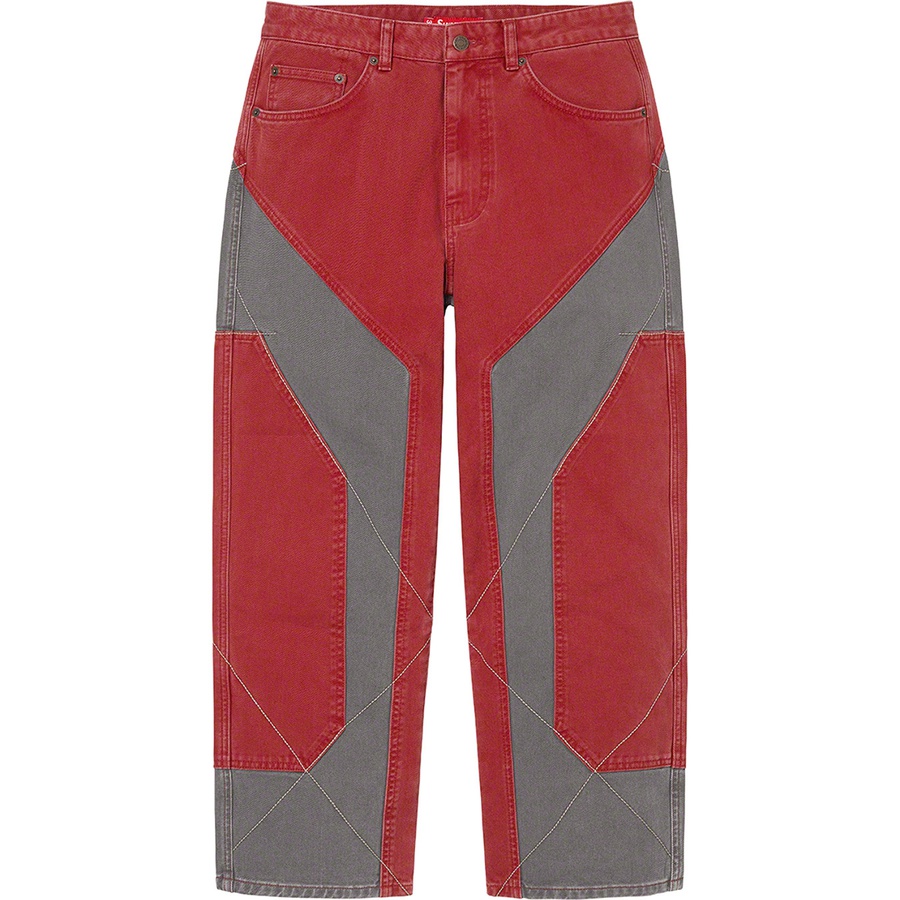Details on 2-Tone Paneled Jean Red from fall winter
                                                    2022 (Price is $178)