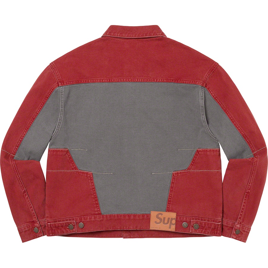Details on 2-Tone Paneled Denim Jacket Red from fall winter
                                                    2022 (Price is $198)