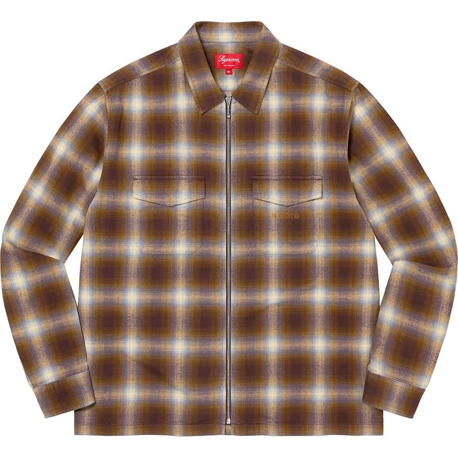 Details on Shadow Plaid Flannel Zip Up Shirt Brown from fall winter
                                                    2022 (Price is $138)