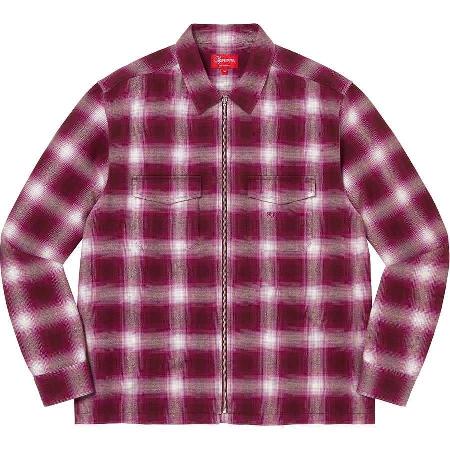 Details on Shadow Plaid Flannel Zip Up Shirt Magenta from fall winter
                                                    2022 (Price is $138)