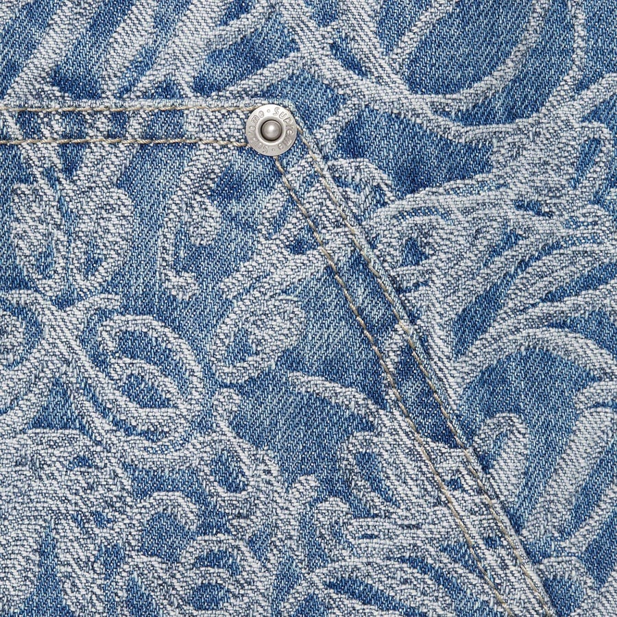 Details on Script Jacquard Double Knee Denim Painter Pant Washed Blue from fall winter
                                                    2022 (Price is $188)