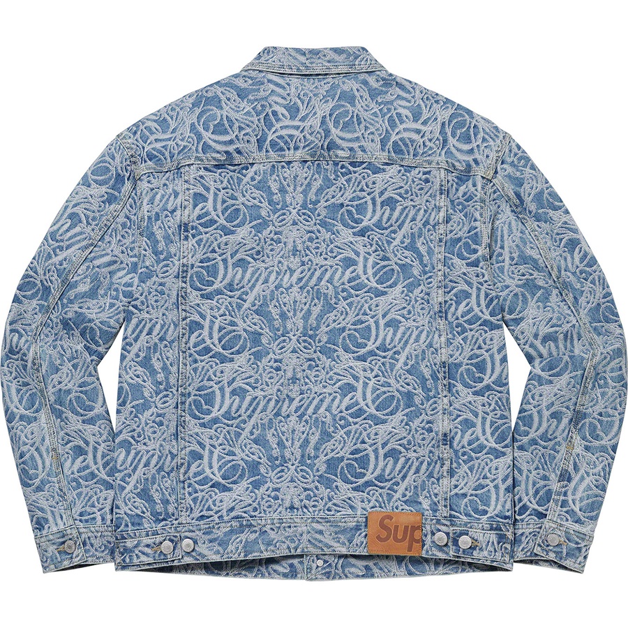 Details on Script Jacquard Denim Trucker Jacket Washed Blue from fall winter
                                                    2022 (Price is $268)