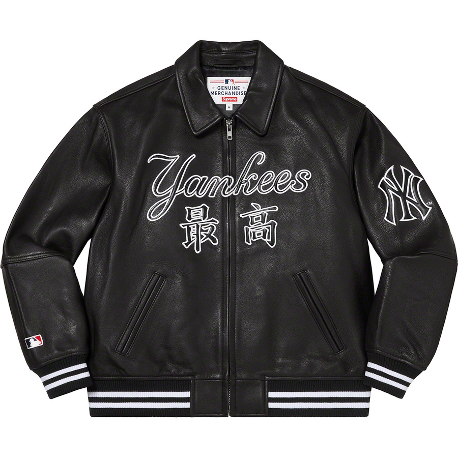 Details on Supreme New York Yankees™ Kanji Leather Varsity Jacket Black from fall winter
                                                    2022 (Price is $898)