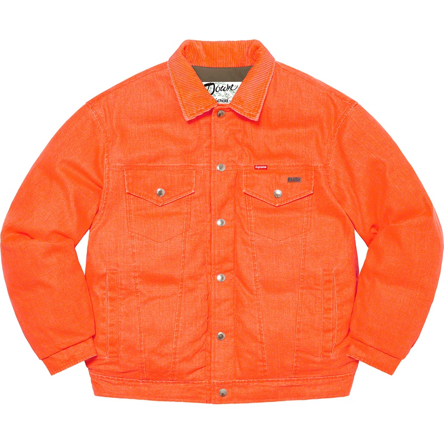 Details on Supreme Schott Canvas Down Trucker Jacket Neon Orange from fall winter
                                                    2022 (Price is $338)
