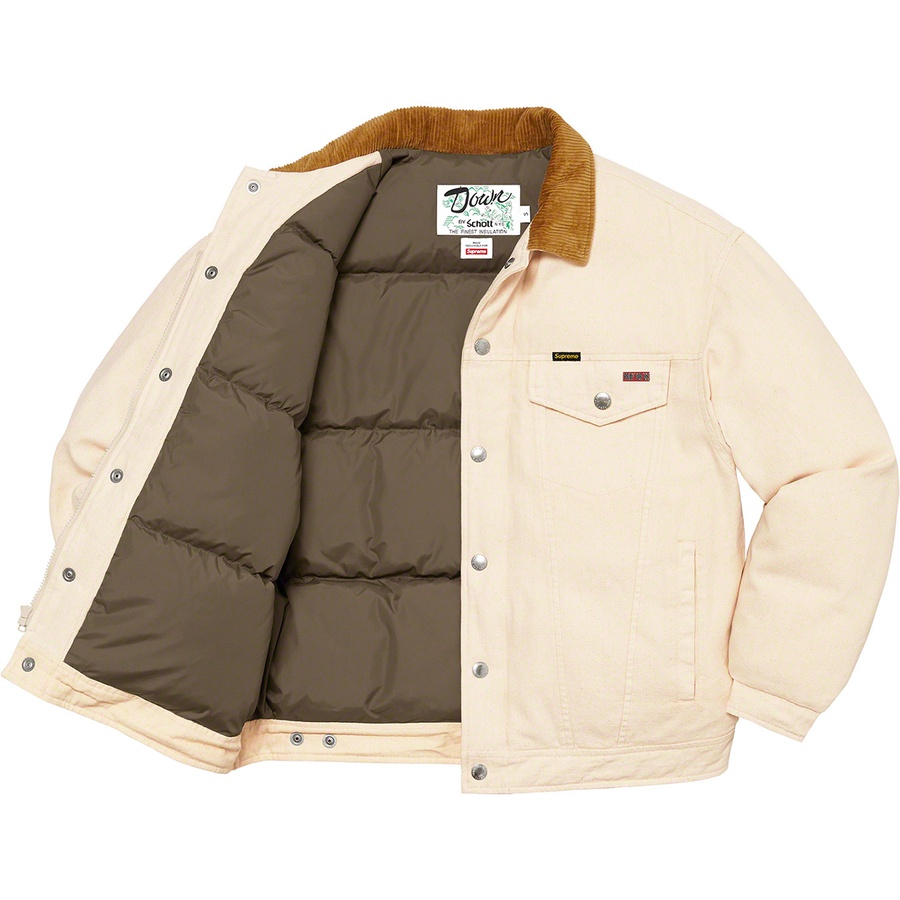 Details on Supreme Schott Canvas Down Trucker Jacket Natural from fall winter
                                                    2022 (Price is $338)