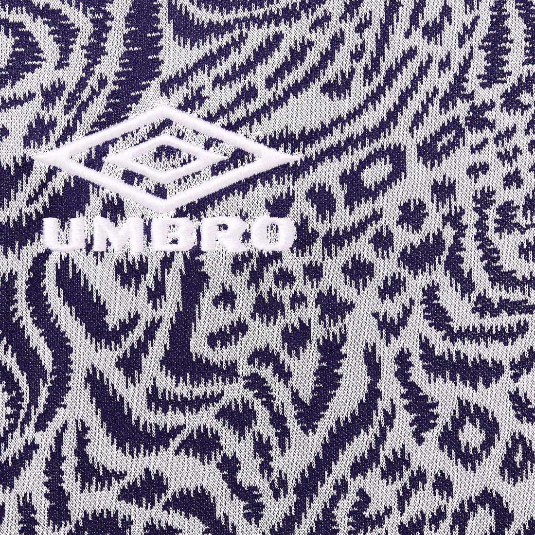 Details on Supreme Umbro Jacquard Animal Print Soccer Jersey Navy from spring summer
                                                    2023 (Price is $98)