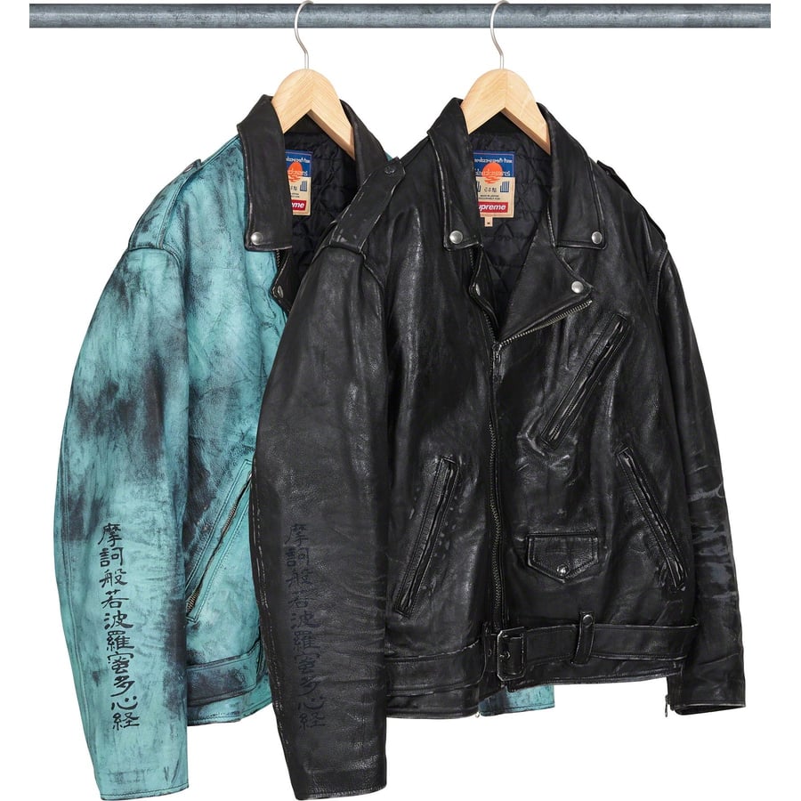 Details on Supreme blackmeans Painted Leather Motorcycle Jacket from fall winter
                                            2023 (Price is $1498)