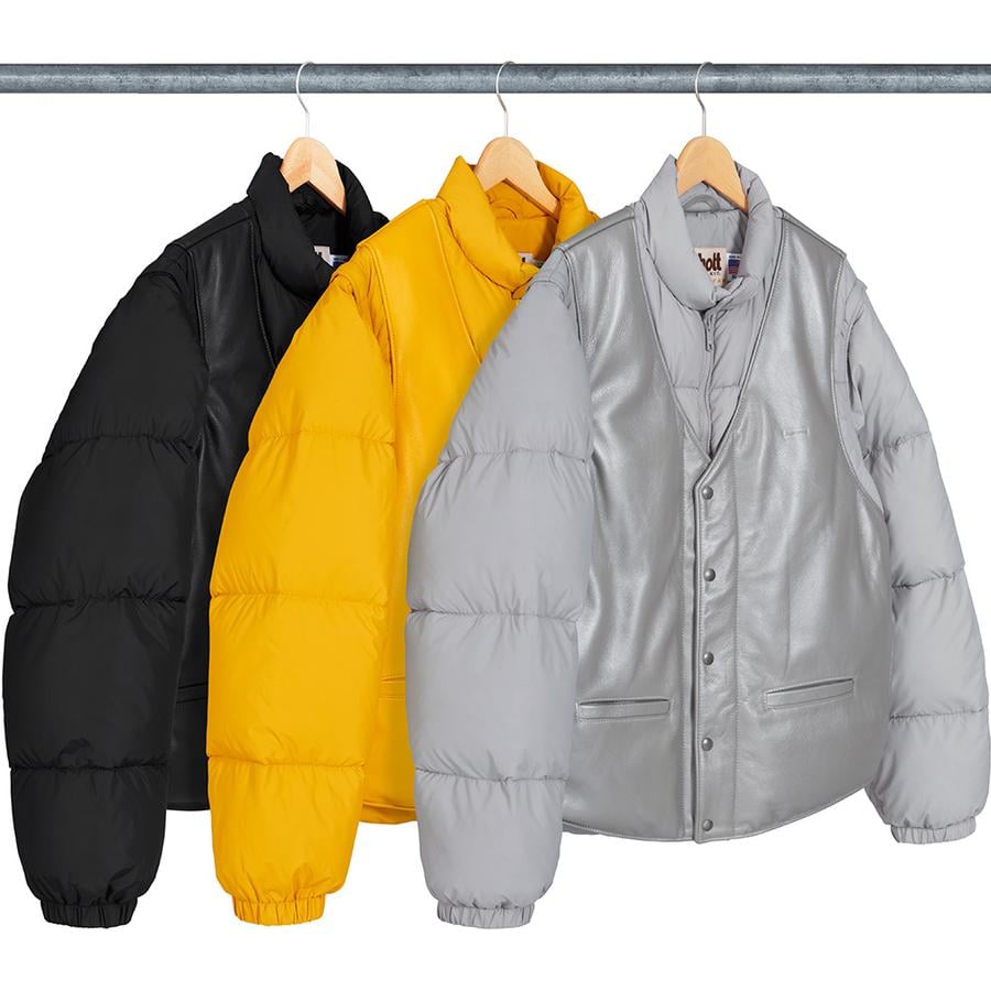 Details on Supreme Schott Down Leather Vest Puffy Jacket from fall winter
                                            2018 (Price is $628)