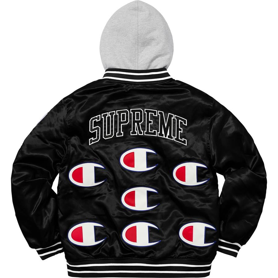Details on Supreme Champion Hooded Satin Varsity Jacket  from fall winter
                                                    2018 (Price is $218)