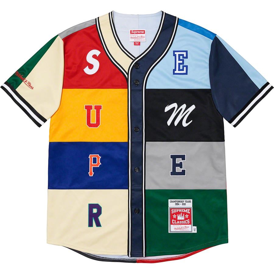 Details on Supreme Mitchell & Ness Patchwork Baseball Jersey  from fall winter
                                                    2021 (Price is $198)