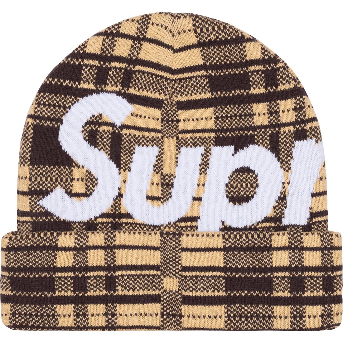 Details on Big Logo Beanie Tan Plaid from fall winter
                                                    2023 (Price is $44)