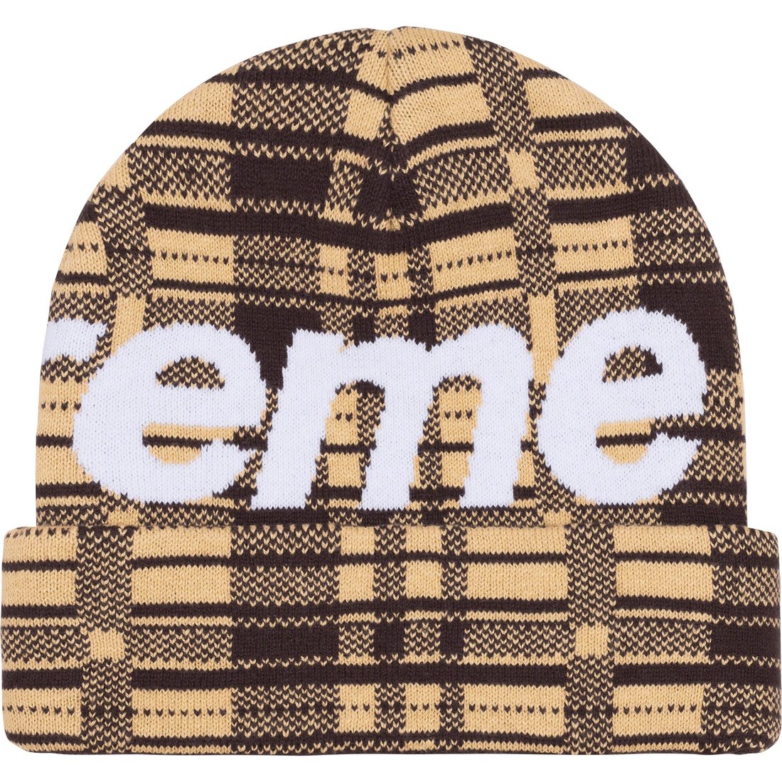 Details on Big Logo Beanie Tan Plaid from fall winter
                                                    2023 (Price is $44)