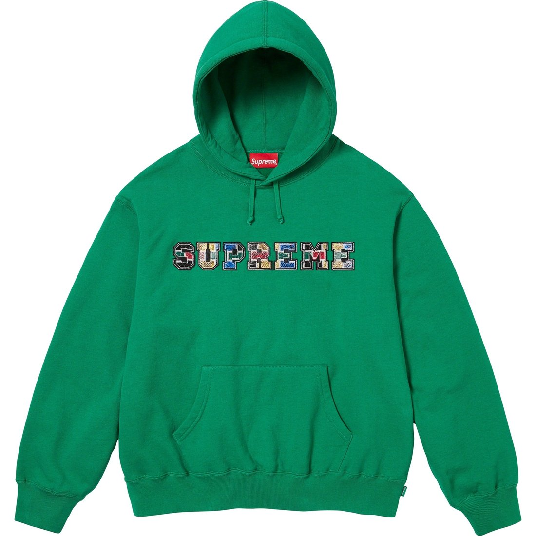 Details on Collegiate Patchwork Leather Hooded Sweatshirt Green from fall winter
                                                    2023 (Price is $158)