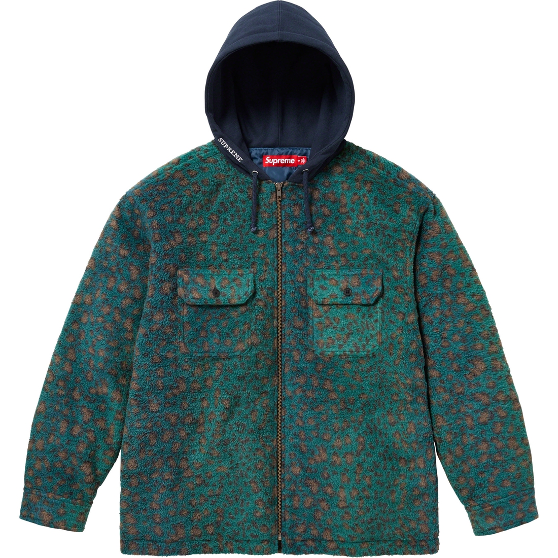 Details on Fleece Zip Up Hooded Shirt Teal Leopard from fall winter
                                                    2023 (Price is $158)