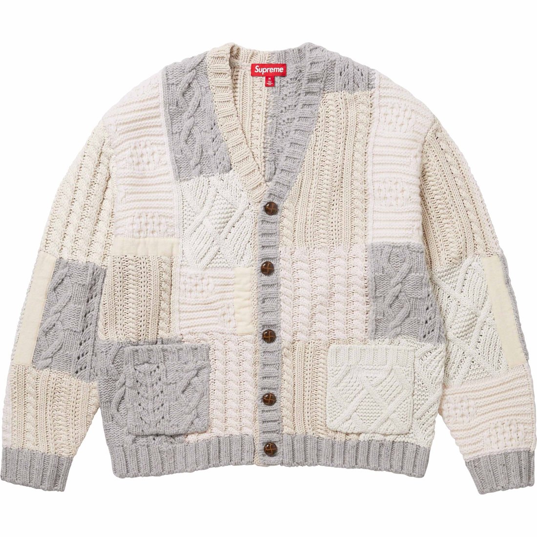 Details on Patchwork Cable Knit Cardigan Ivory from fall winter
                                                    2023 (Price is $198)