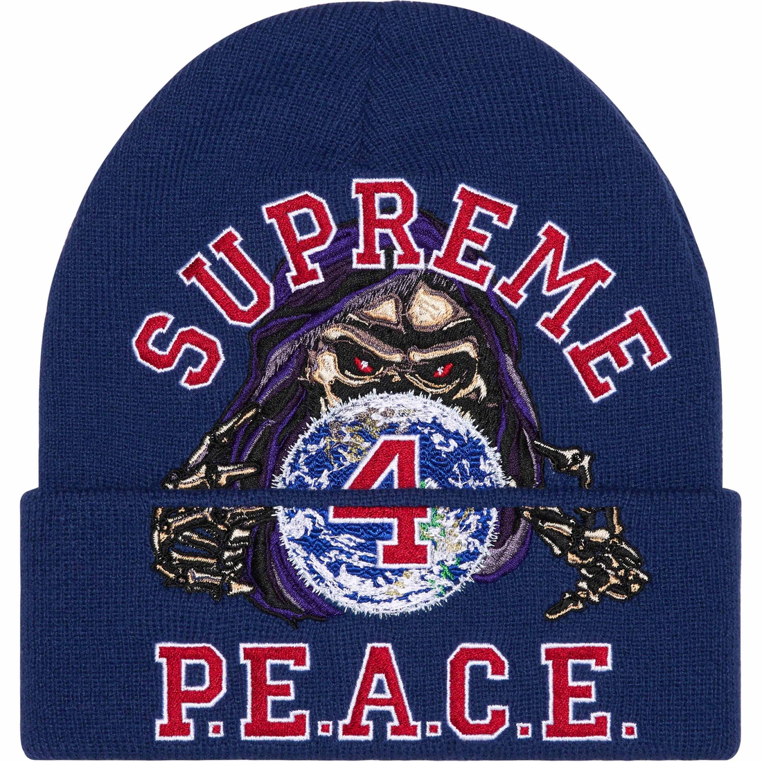 Details on Peace Embroidered Beanie Navy from fall winter
                                                    2023 (Price is $44)