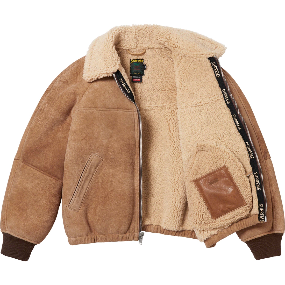 Details on Supreme Schott Shearling Bomber Jacket Brown from fall winter
                                                    2023 (Price is $1498)