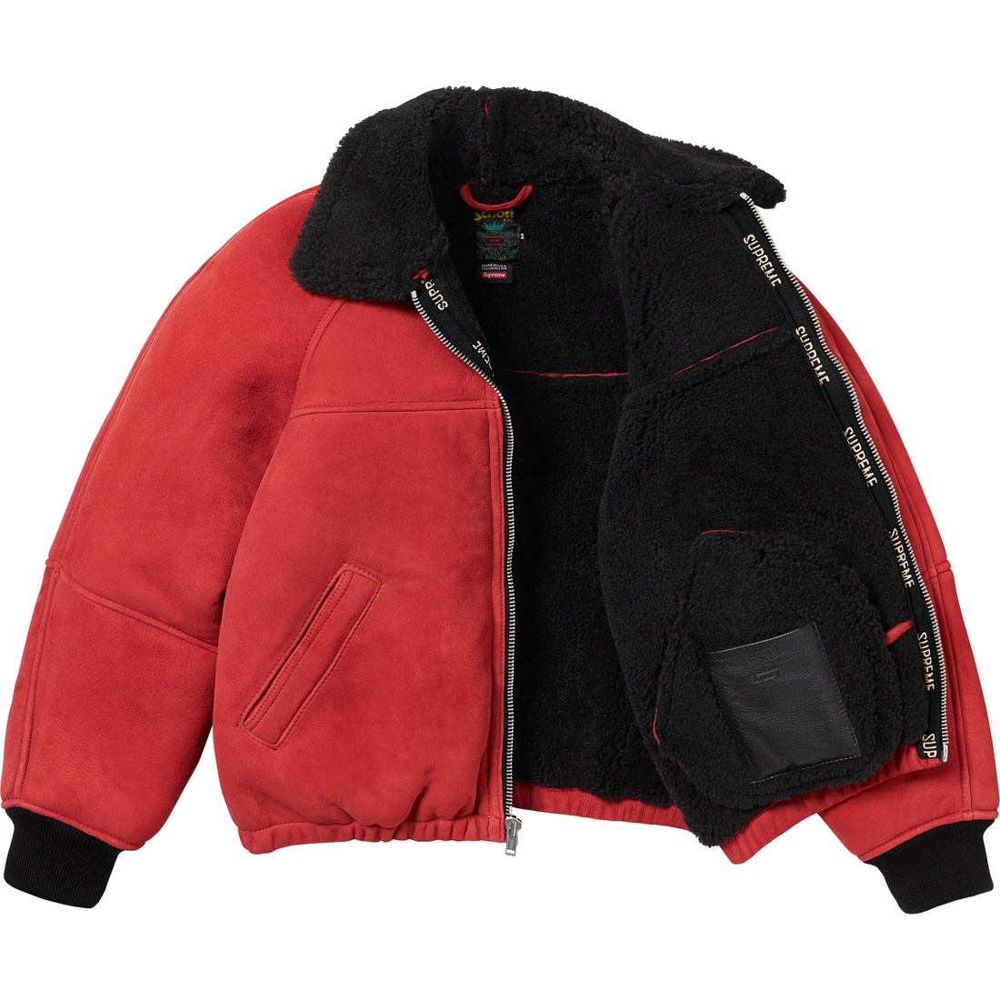 Details on Supreme Schott Shearling Bomber Jacket Red from fall winter
                                                    2023 (Price is $1498)