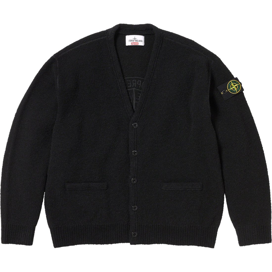 Details on Supreme Stone Island Bouclé Cardigan Black from fall winter
                                                    2023 (Price is $498)