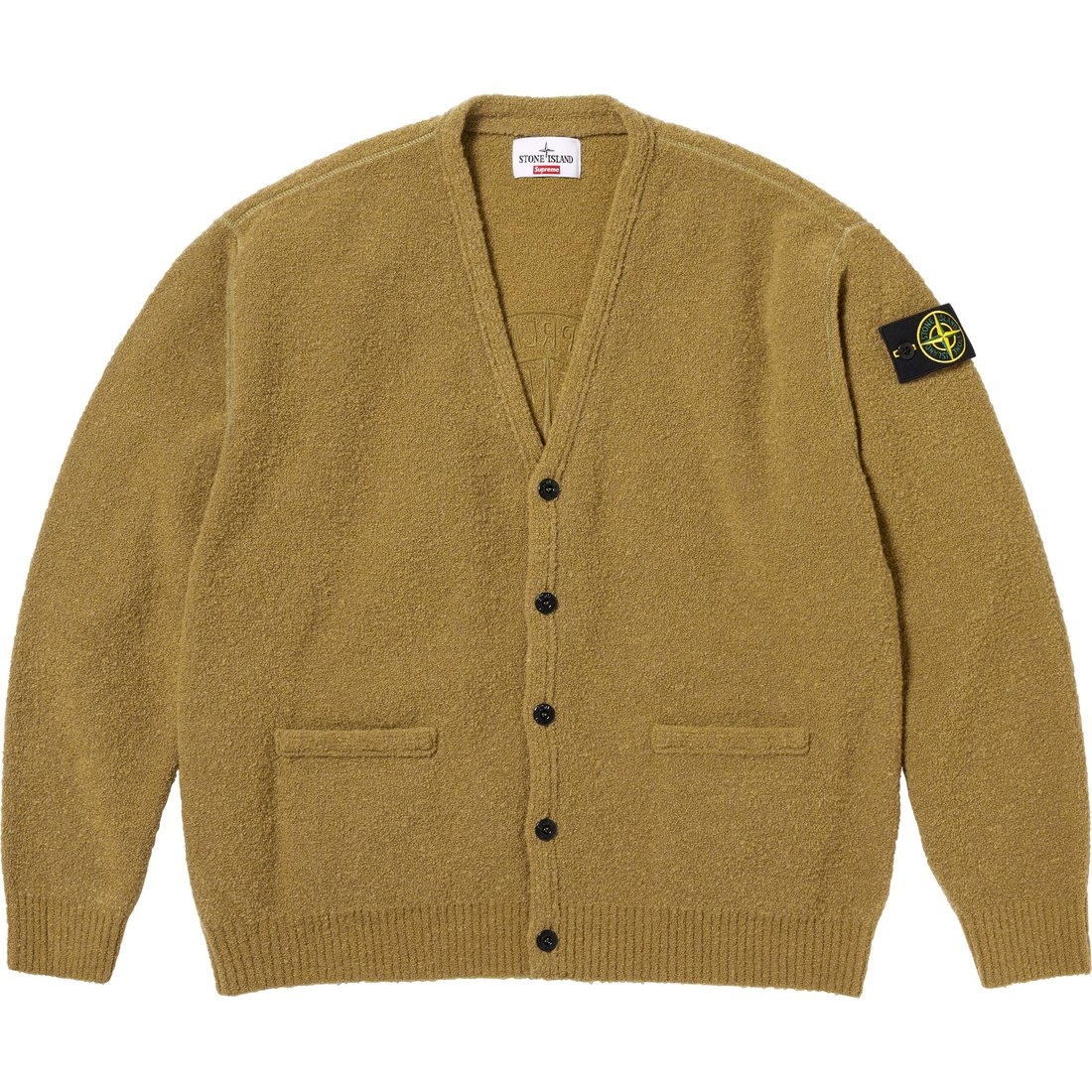 Details on Supreme Stone Island Bouclé Cardigan Olive from fall winter
                                                    2023 (Price is $498)