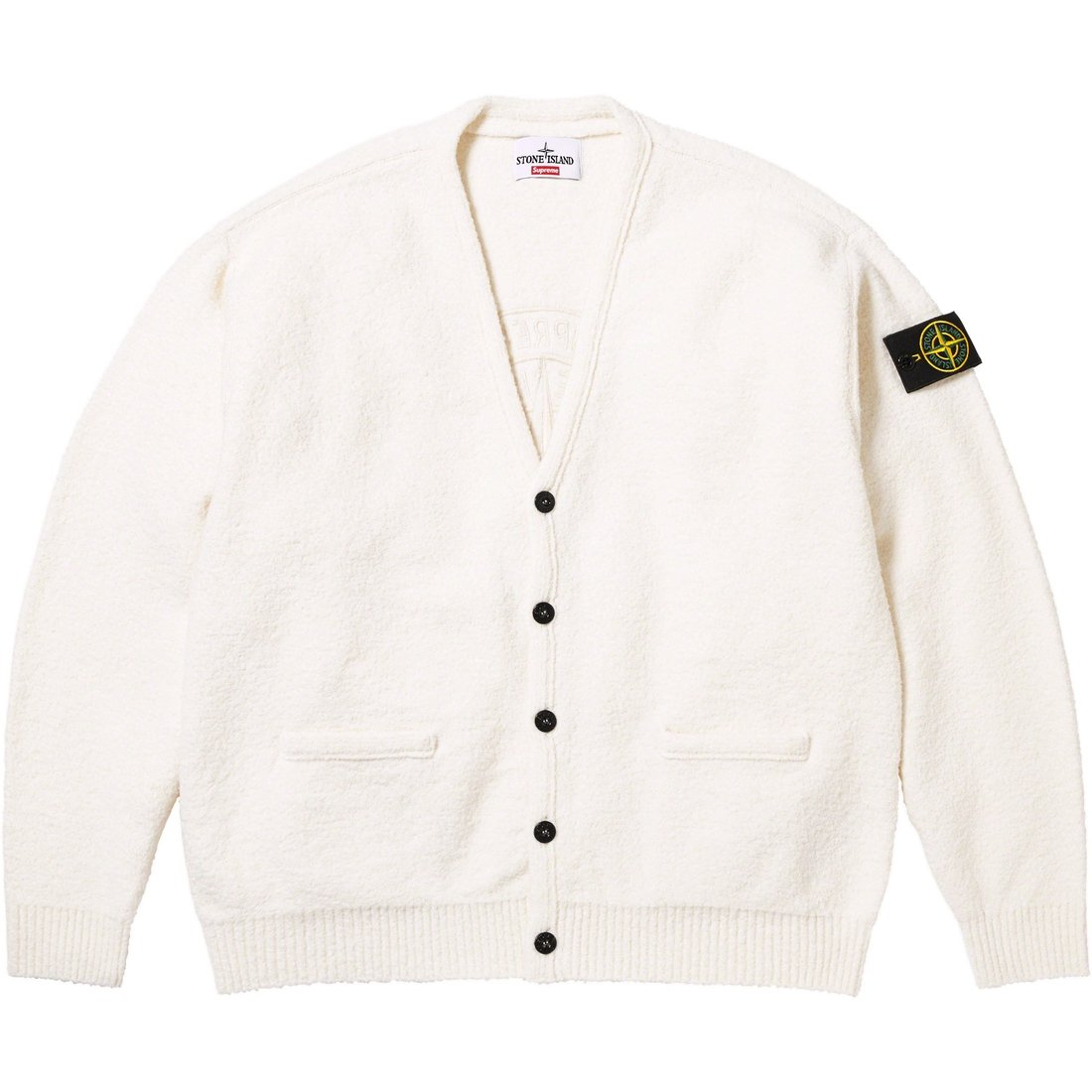 Details on Supreme Stone Island Bouclé Cardigan White from fall winter
                                                    2023 (Price is $498)
