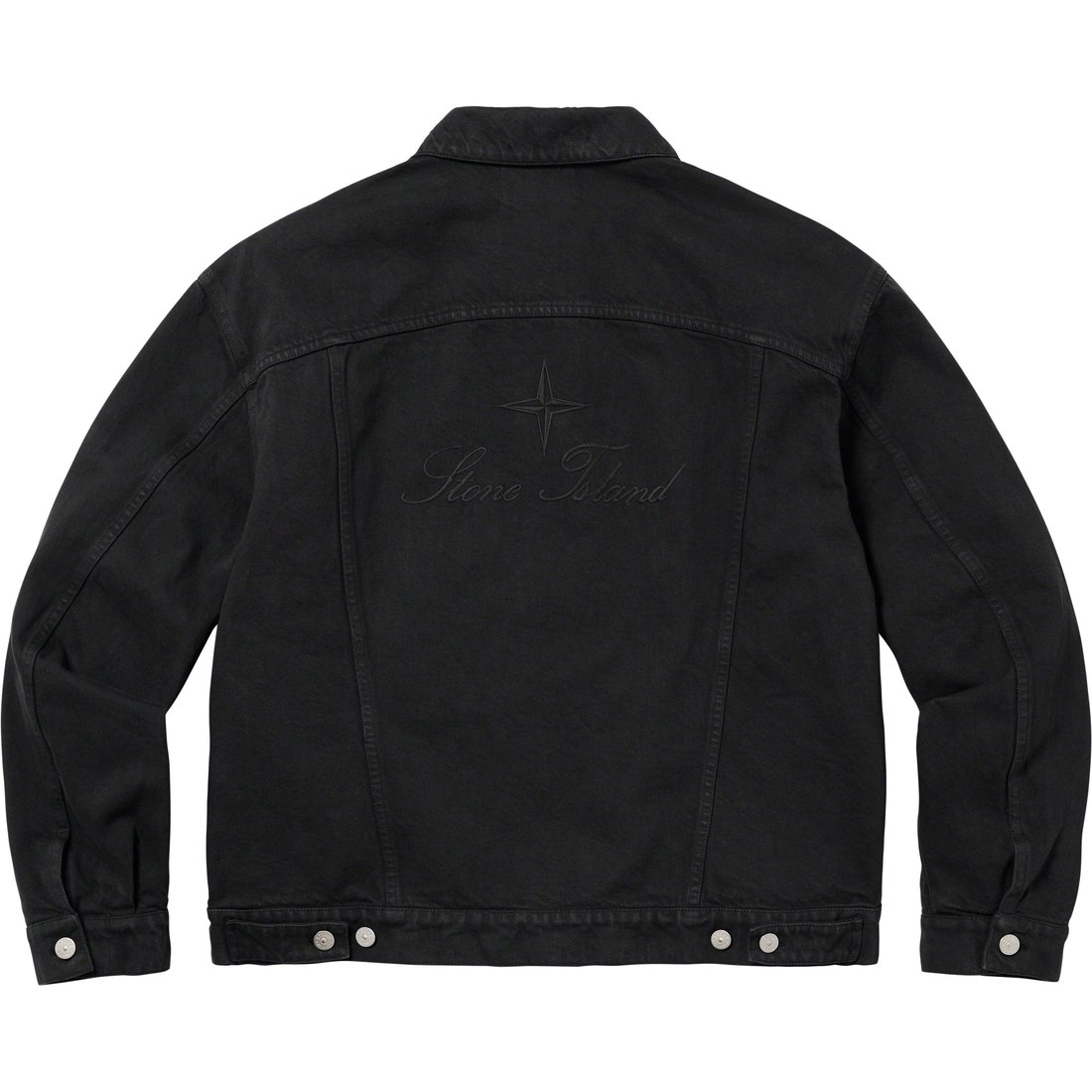 Details on Supreme Stone Island Denim Trucker Jacket Black from fall winter
                                                    2023 (Price is $648)