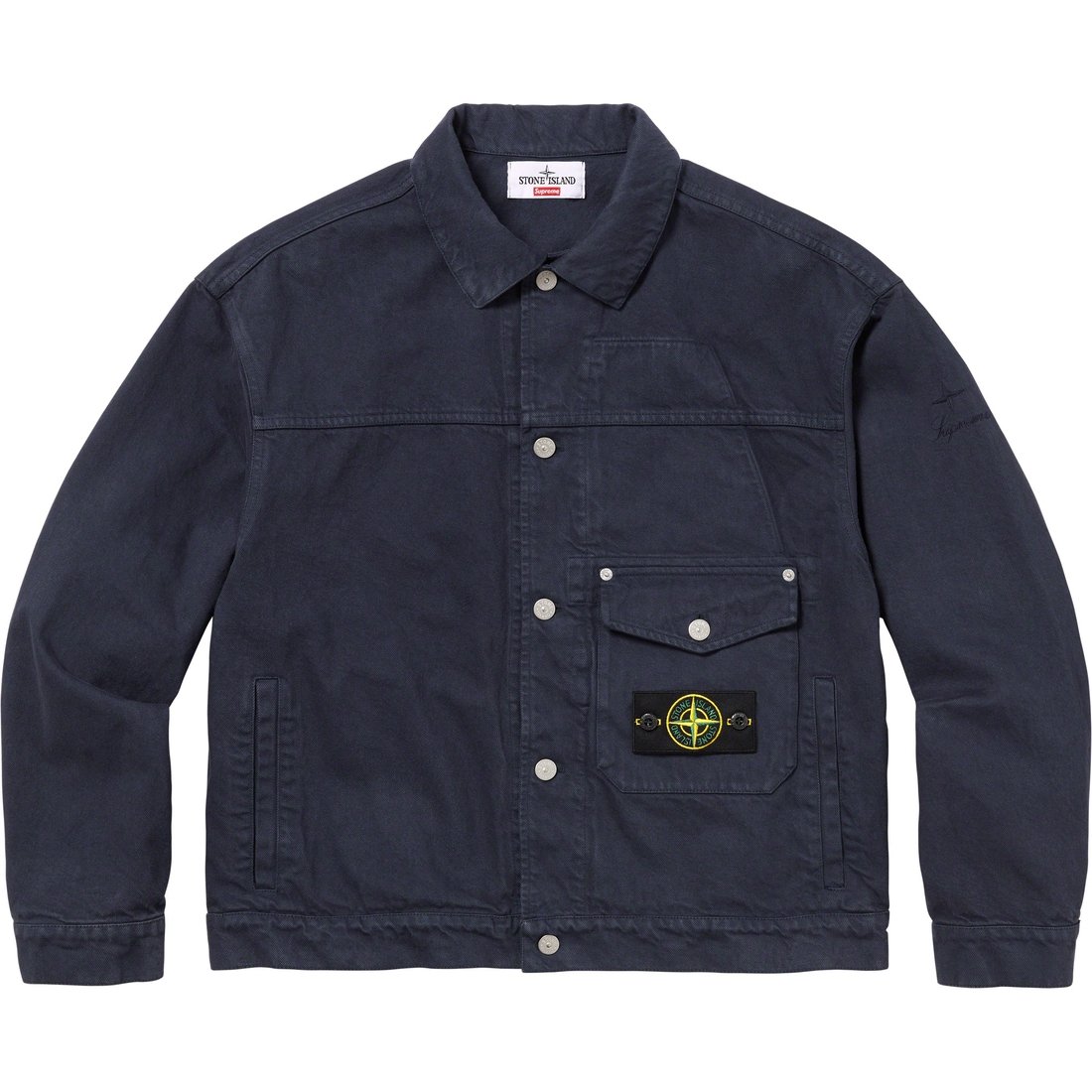 Details on Supreme Stone Island Denim Trucker Jacket Navy from fall winter
                                                    2023 (Price is $648)