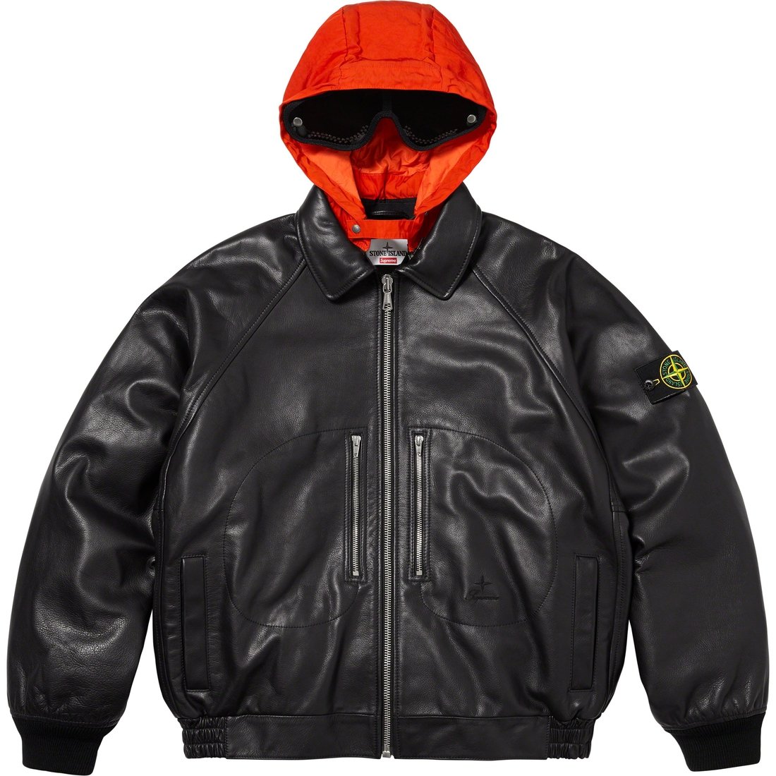 Details on Supreme Stone Island Leather Bomber Jacket Black from fall winter
                                                    2023 (Price is $2598)