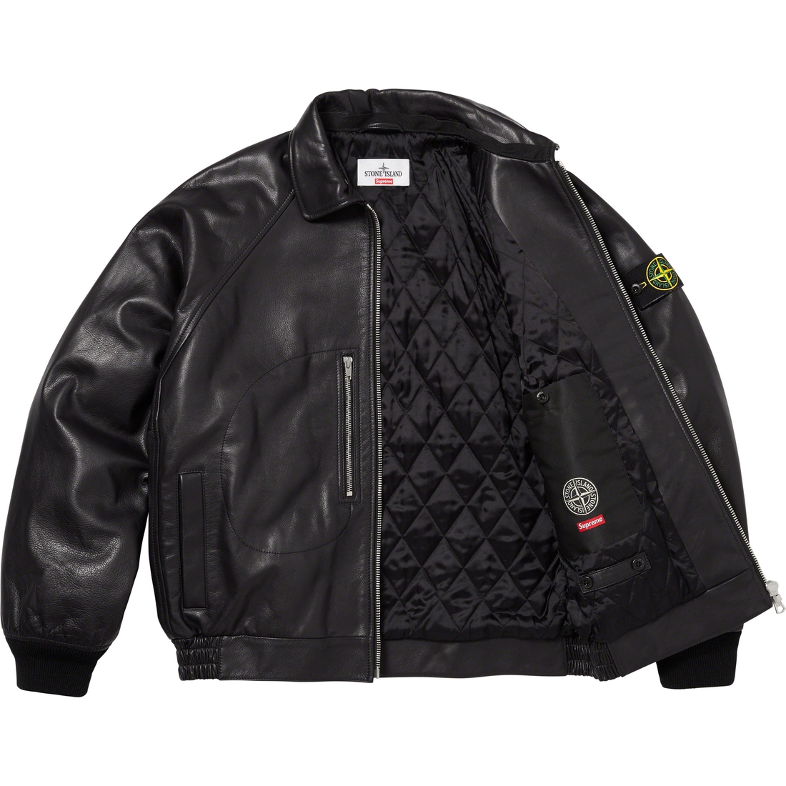 Details on Supreme Stone Island Leather Bomber Jacket Black from fall winter
                                                    2023 (Price is $2598)