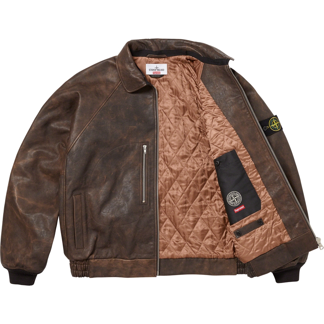 Details on Supreme Stone Island Leather Bomber Jacket Brown from fall winter
                                                    2023 (Price is $2598)