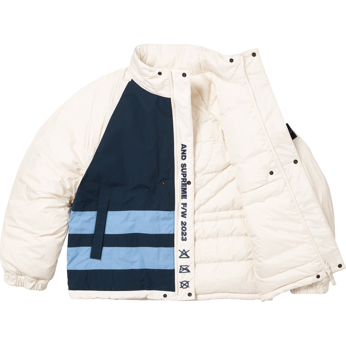 Details on Supreme Stone Island Reversible Down Puffer Jacket White from fall winter
                                                    2023 (Price is $998)
