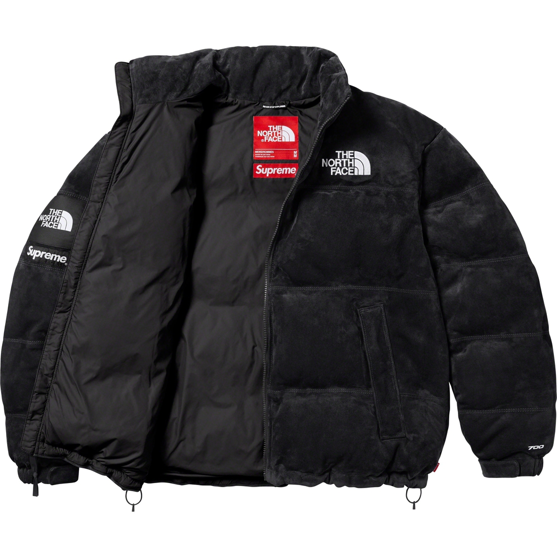 Details on Supreme The North Face Suede Nuptse Jacket Black from fall winter
                                                    2023 (Price is $1098)