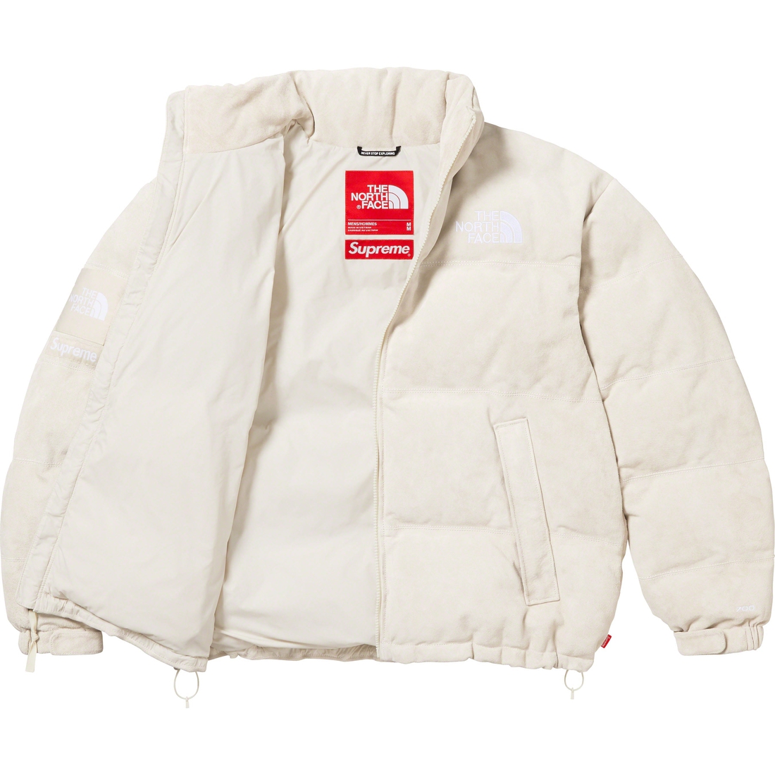 Details on Supreme The North Face Suede Nuptse Jacket Stone from fall winter
                                                    2023 (Price is $1098)