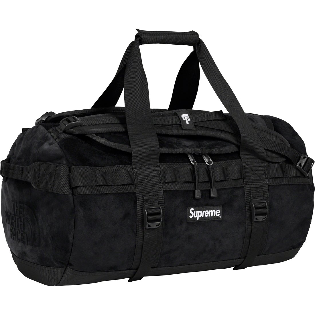 Details on Supreme The North Face Suede Small Base Camp Duffle Bag Black from fall winter
                                                    2023 (Price is $298)