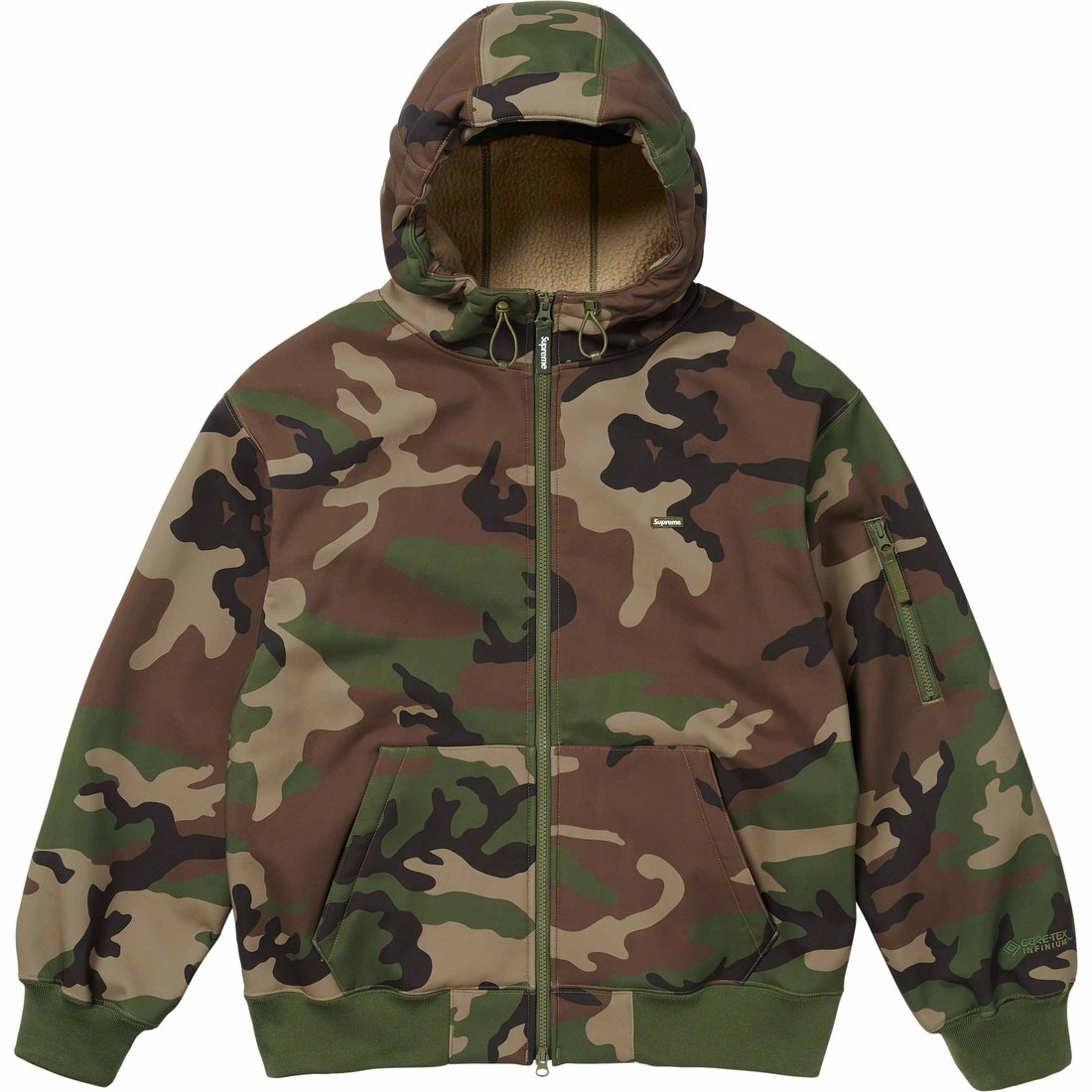 Details on WINDSTOPPER Zip Up Hooded Sweatshirt Woodland Camo from fall winter
                                                    2023 (Price is $198)