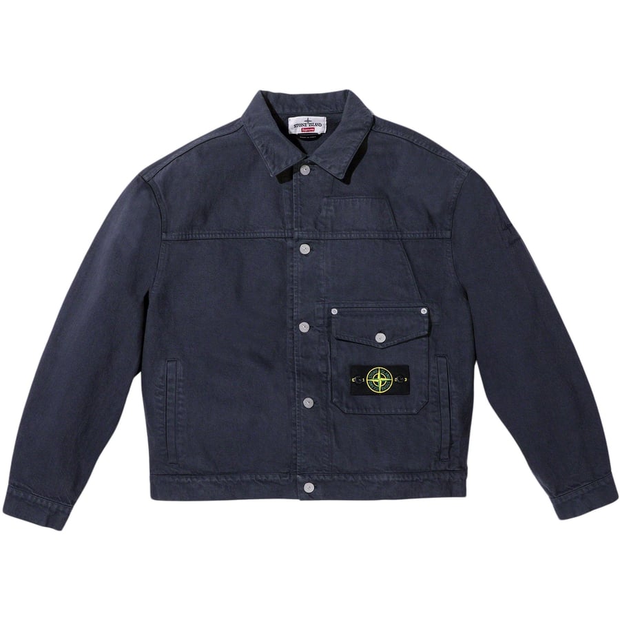 Details on Supreme Stone Island Denim Trucker Jacket  from fall winter
                                                    2023 (Price is $648)