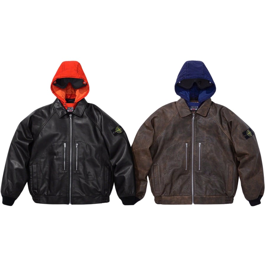 Details on Supreme Stone Island Leather Bomber Jacket from fall winter
                                            2023 (Price is $2598)