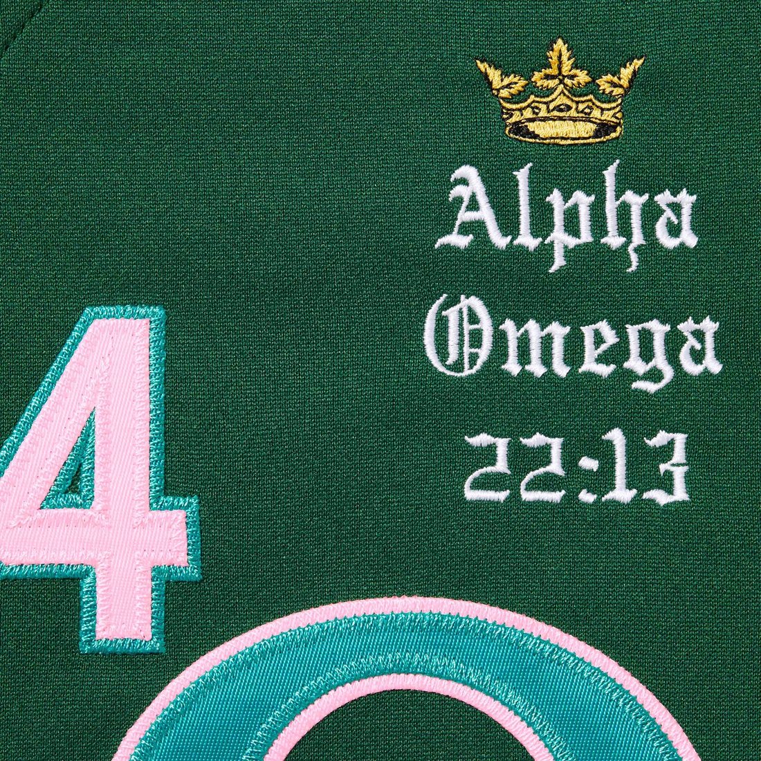 Details on Alpha Omega Baseball Jersey Green from fall winter
                                                    2024 (Price is $148)