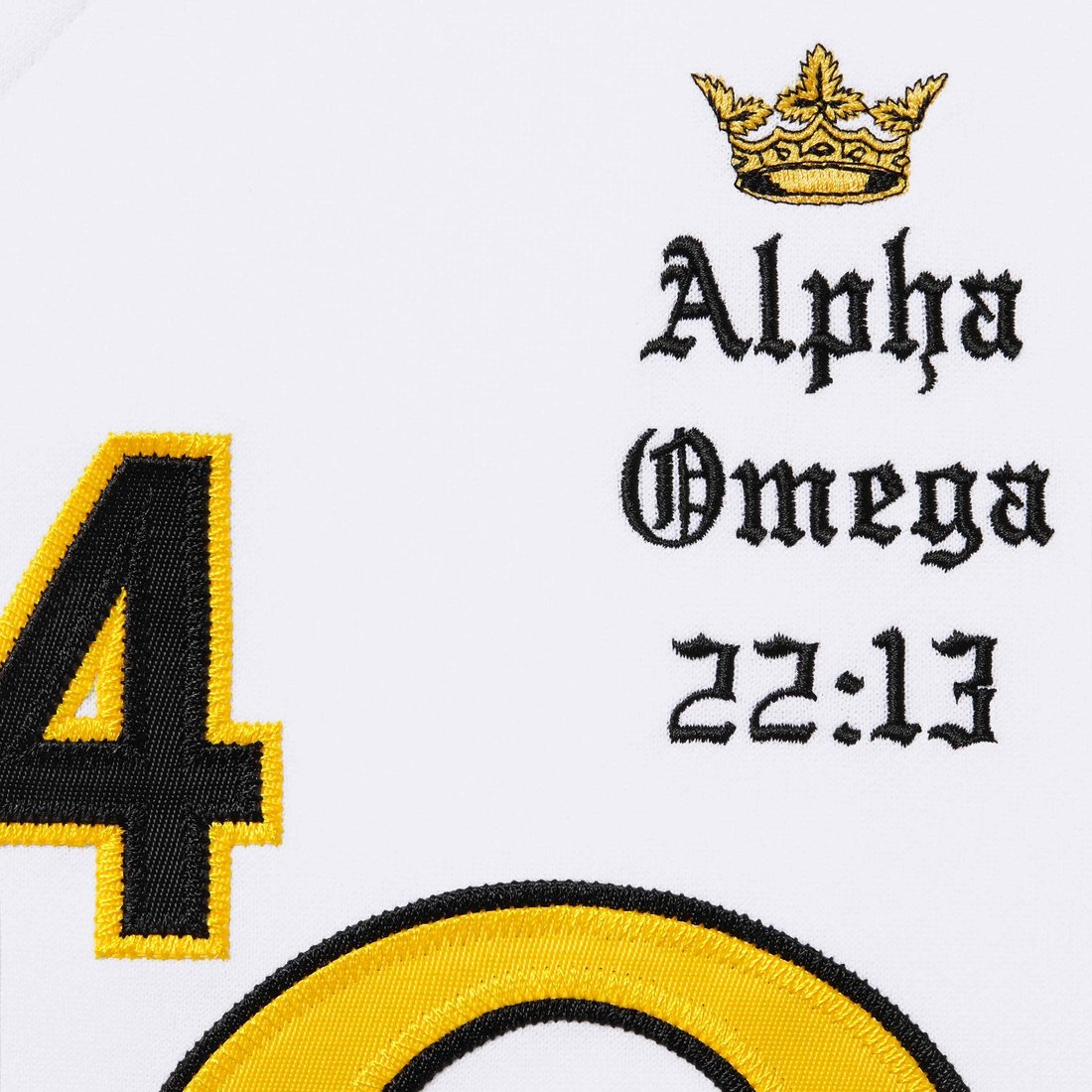 Details on Alpha Omega Baseball Jersey White from fall winter
                                                    2024 (Price is $148)