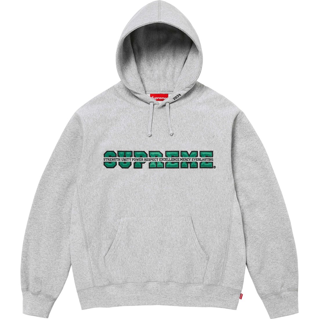 Details on Collegiate Acronym Hooded Sweatshirt Heather Grey from fall winter
                                                    2024 (Price is $158)