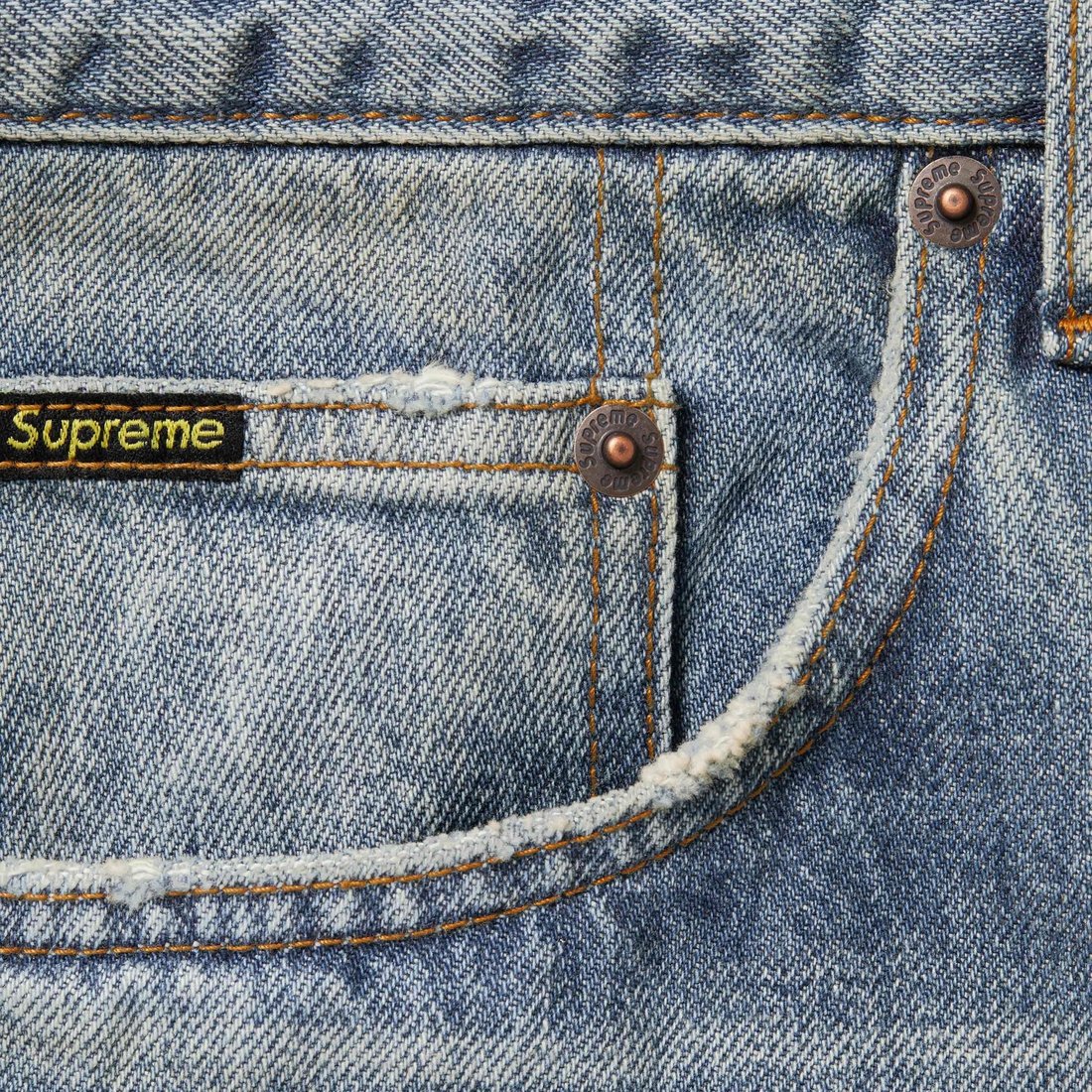 Details on Distressed Loose Fit Selvedge Jean Washed Indigo from fall winter
                                                    2024 (Price is $298)