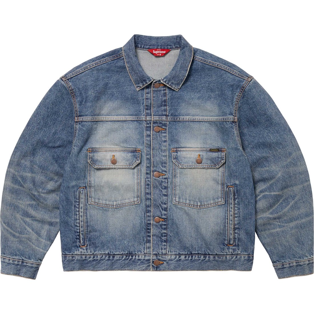 Details on Distressed Selvedge Trucker Jacket Washed Indigo from fall winter
                                                    2024 (Price is $368)