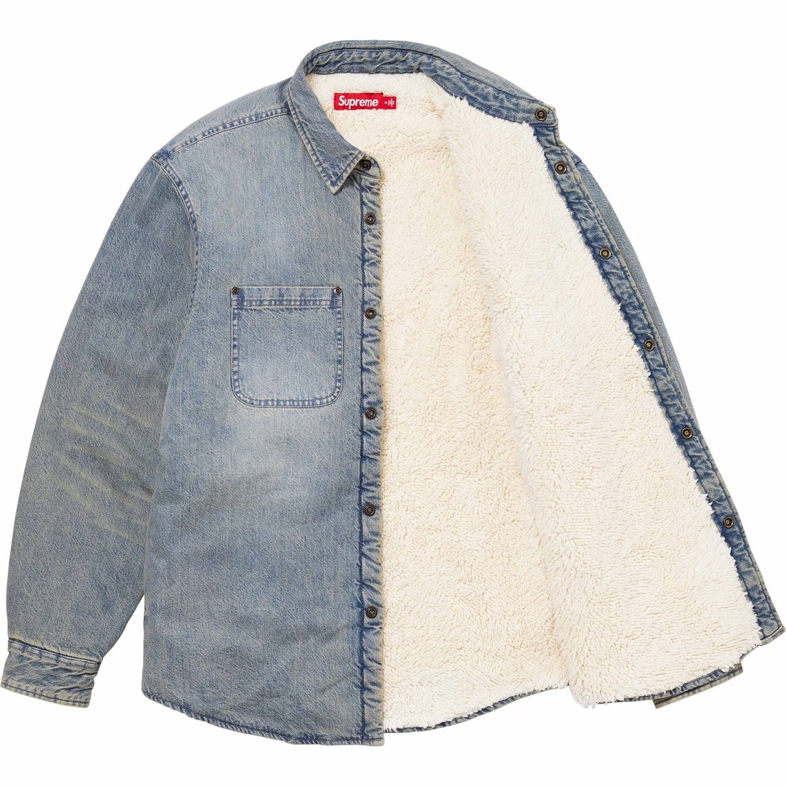 Details on Faux Shearling Lined Work Shirt Washed Indigo Denim from fall winter
                                                    2024 (Price is $158)