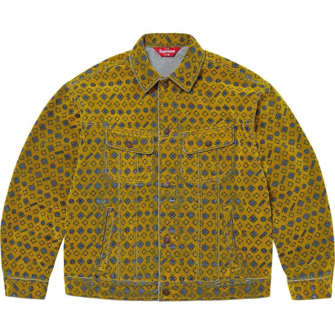 Details on Flocked Denim Trucker Jacket Mustard from fall winter
                                                    2024 (Price is $228)